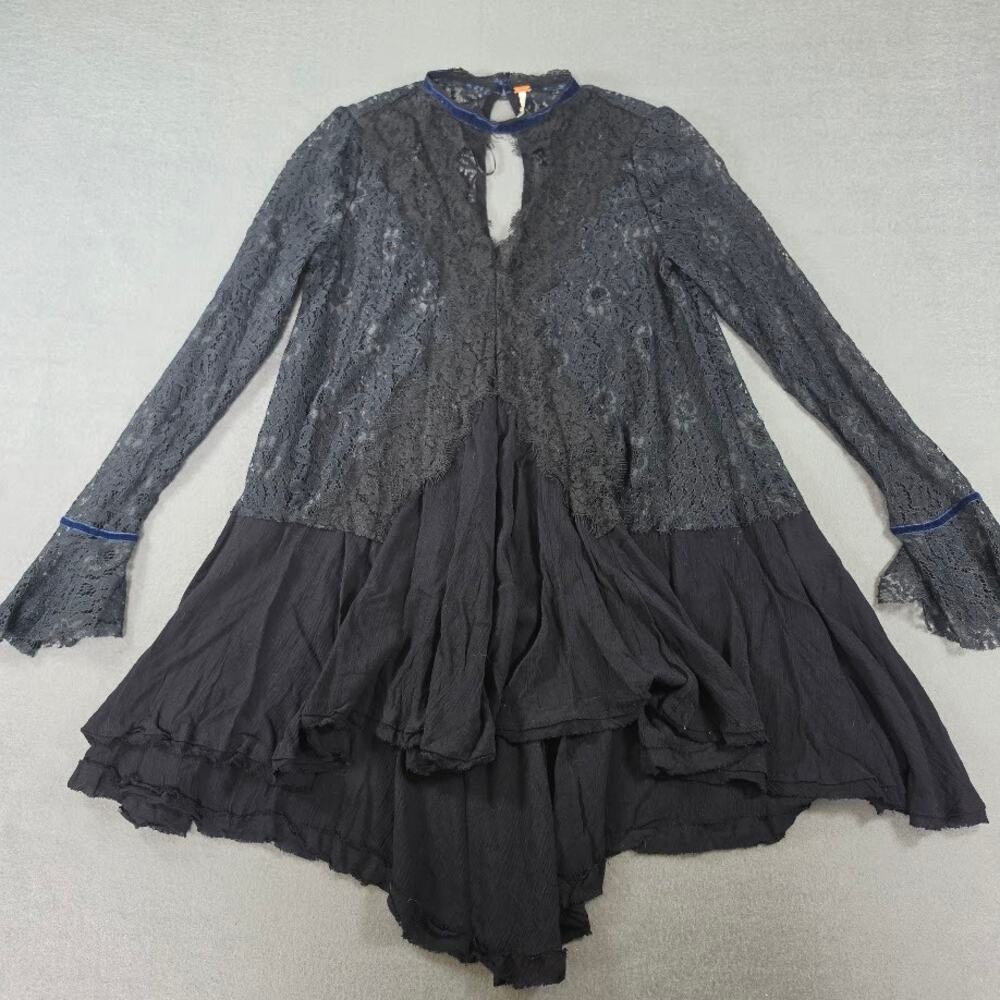 Free People Black Floral Lace Mini Dress Tunic Long Sleeve Velvet Trim Womens XS